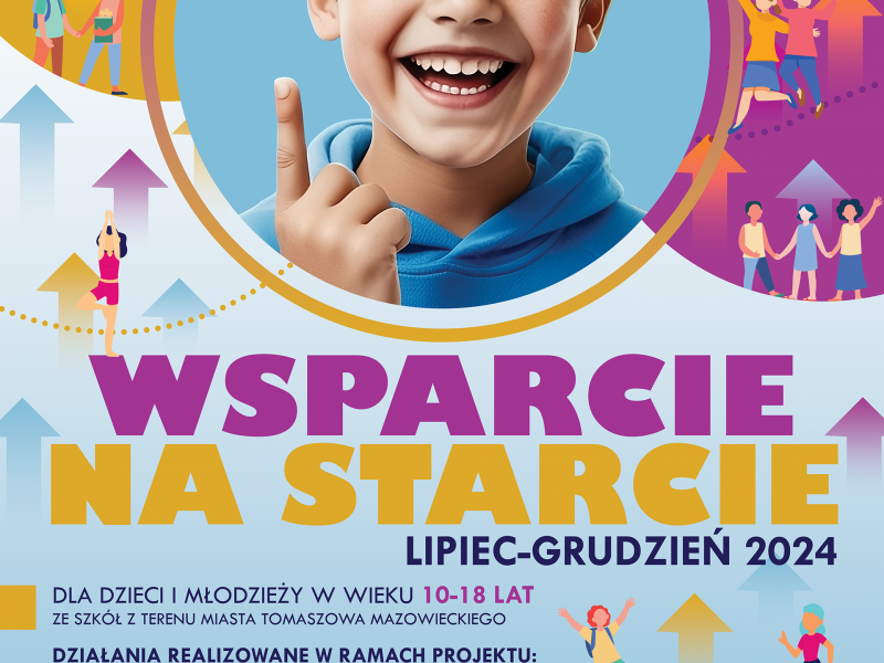 Na zdjęciu plakat Projektu Wsparcie na starcie skierowanego do uczniów tomaszowskich szkól. Na plakacie foto uśmiechniętego, nastoletniego ucznia