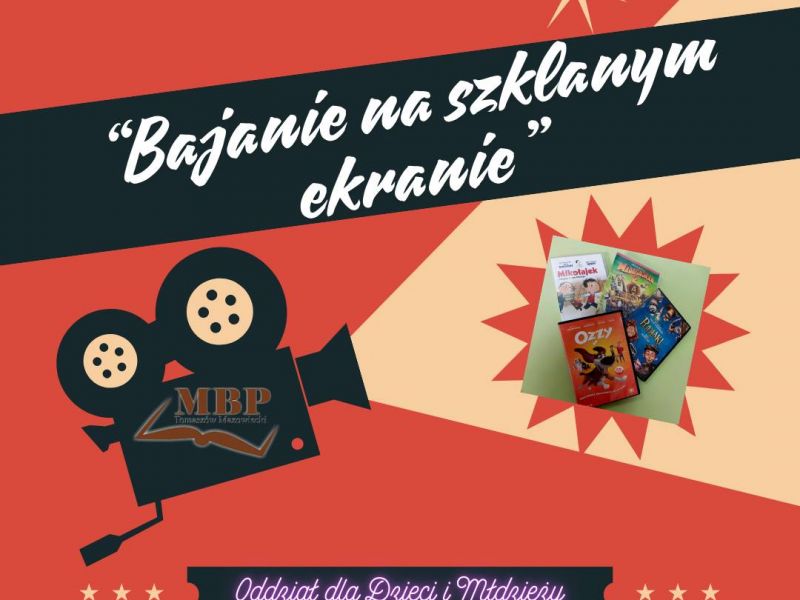 Na zdjęciu baner projekcji filmowych w Oddziale Dziecięcym Biblioteki